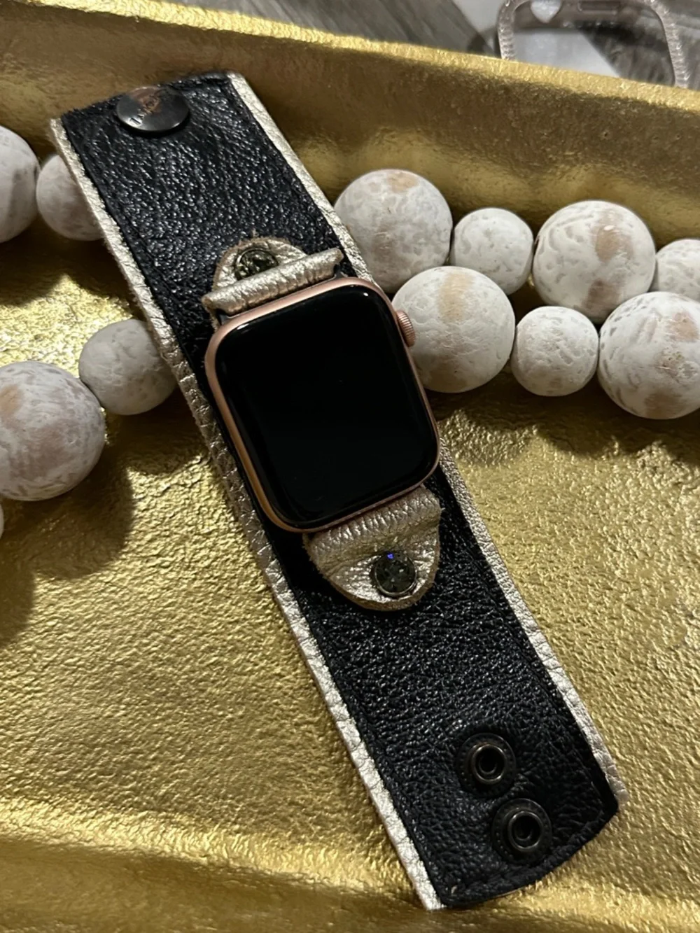 Black Leather Snap Cuff Watch Strap with White Accent small adapters